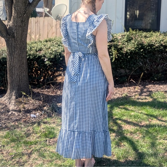 Vintage navy Gingham Maxi Dress Cottagecore French Countryside Prarie ruffle tie - Picture 3 of 7